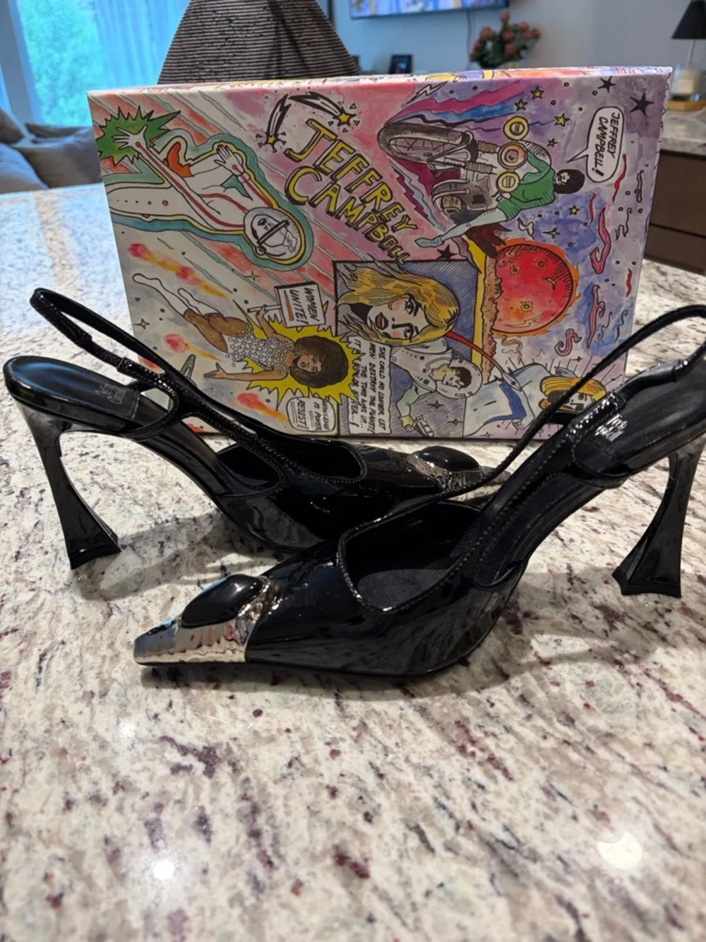 Jeffrey Campbell Black Patent Slingback Pumps with Silver Pointed Cap - Picture 4 of 4